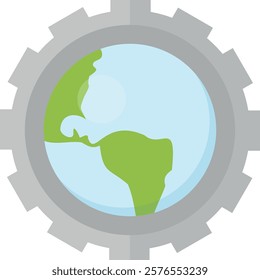 Stylized Earth within a gear frame focusing on the Americas. Represents global technological advancement, industrial impact on the environment, and international cooperation.