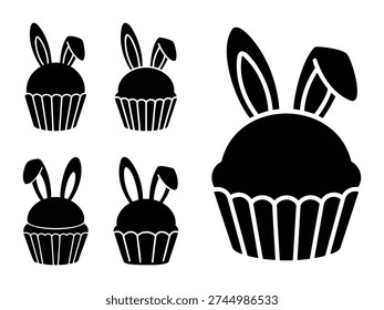 Stylized Easter cupcake silhouettes with bunny ear toppers for whimsical holiday dessert branding and spring party invitation graphics