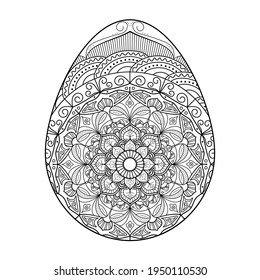 Stylized Easter egg with a doodle pattern on a white background. Anti-stress coloring book for children and adults.