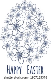 Stylized Easter egg icon with flowers and text. Happy easter. Banner, postcard, greeting card. Vector illustration