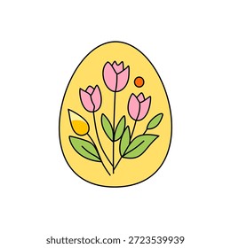 Stilisierte Ostereier-Illustration. Gelbes Ei mit rosa Tulpenblumen, grünen Blättern und einem kleinen orangefarbenen Kreis. Einfaches, sauberes Design. Frühling, Blumen und Feste. Einzeln auf weiß.