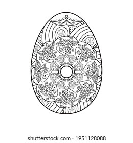 Stylized Easter egg with a symmetrical pattern on a white background. Anti-stress coloring book for children and adults