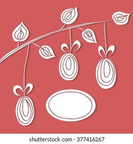 Stylized Easter greeting card with eggs and a branch with leaves in white and red with place for your text. Vector eps 10.