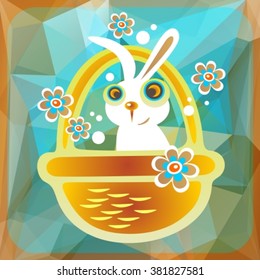 Stylized Easter rabbit with basket on a blue polygonal background.