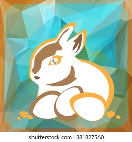 Stylized Easter rabbit and eggs on a blue polygonal background.