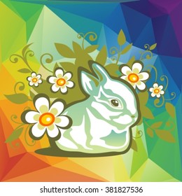 Stylized Easter rabbit with flowers on a rainbow polygonal background.