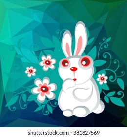 Stylized Easter rabbit with flowers on a green-blue polygonal background.