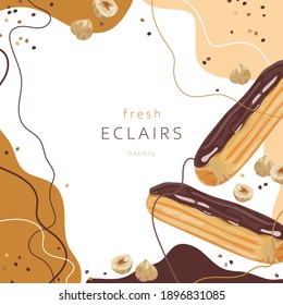 Stylized eclairs on an abstract background. Eclair with hazelnut filling in chocolate glaze. Postcard, banner, poster, sticker, print, advertising materials. Vector illustration.