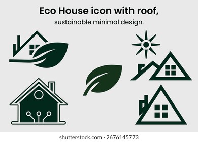 Stylized eco house icon featuring roof and leaf motifs, ideal for sustainable branding, green architecture, solar energy, and minimalist design.
