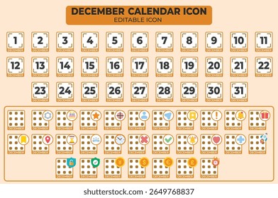 Vector de calendario de diciembre editable estilizado con varios íconos de eventos y números de día
