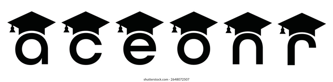 Stylized educational typography featuring lowercase and uppercase letters topped with academic graduation caps, symbolizing modern learning and creative academic design, letter a, s, c, g, o, q, n, m