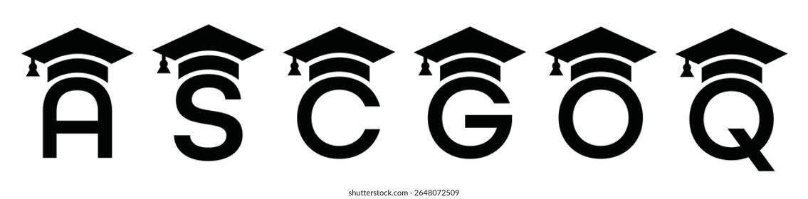 Stylized educational typography featuring lowercase and uppercase letters topped with academic graduation caps, symbolizing modern learning and creative academic design, letter a, s, c, g, o, q, n, m