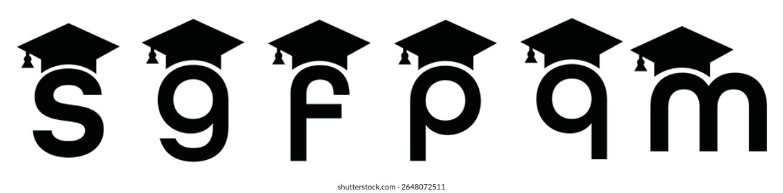 Stylized educational typography featuring lowercase and uppercase letters topped with academic graduation caps, symbolizing modern learning and creative academic design, letter a, s, c, g, o, q, n, m