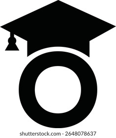 Stylized educational typography featuring lowercase and uppercase letters topped with academic graduation caps, symbolizing modern learning and creative academic design, letter o education hat