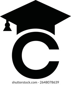 Stylized educational typography featuring lowercase and uppercase letters topped with academic graduation caps, symbolizing modern learning and creative academic design, letter c education hat