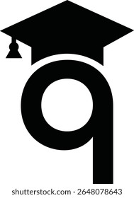 Stylized educational typography featuring lowercase and uppercase letters topped with academic graduation caps, symbolizing modern learning and creative academic design, letter q education hat