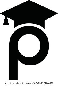 Stylized educational typography featuring lowercase and uppercase letters topped with academic graduation caps, symbolizing modern learning and creative academic design, letter p education hat