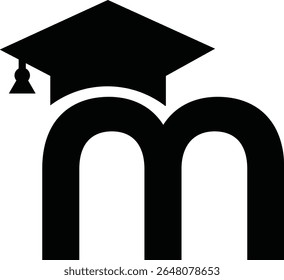 Stylized educational typography featuring lowercase and uppercase letters topped with academic graduation caps, symbolizing modern learning and creative academic design, letter m education hat