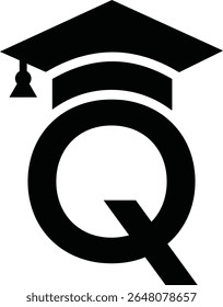 Stylized educational typography featuring lowercase and uppercase letters topped with academic graduation caps, symbolizing modern learning and creative academic design, letter q education hat