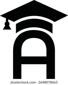 Stylized educational typography featuring lowercase and uppercase letters topped with academic graduation caps, symbolizing modern learning and creative academic design, letter a education hat