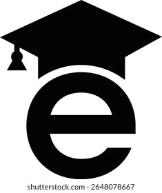 Stylized educational typography featuring lowercase and uppercase letters topped with academic graduation caps, symbolizing modern learning and creative academic design, letter e education hat