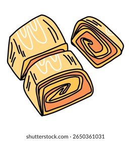 Stylized egg roll for breakfast, yellow roll cut into pieces with orange filling