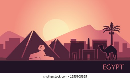 Stylized Egyptian landscape with pyramids, Sphinx and camel at sunset