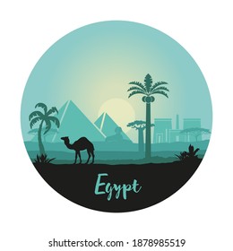 Stylized Egyptian landscape with pyramids, Sphinx and camel at sunset in the form of a circle