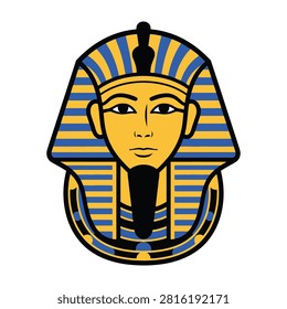 A stylized Egyptian pharaoh mask featuring the iconic striped golden headpiece of King Tutankhamun. This historic cultural symbol represents ancient Egypt history.