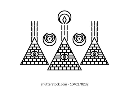 Stylized Egyptian pyramids. Mystical symbol. Knowledge eye.
All seeing eye pyramid symbol. New World Order.Freemason and spiritual, religion, spirituality, alchemy, occultism, tattoo art. 