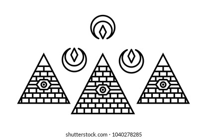 Stylized Egyptian pyramids. Mystical symbol. Knowledge eye.
All seeing eye pyramid symbol. New World Order.Freemason and spiritual, religion, spirituality, alchemy, occultism, tattoo art. 