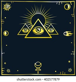 Stylized Egyptian pyramids. Mystical symbol.  Knowledge eye. Dark background. Gold imitation.