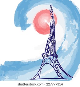 Stylized Eiffel Tower on the French national colors background. Sketch style. EPS8 vector illustration.