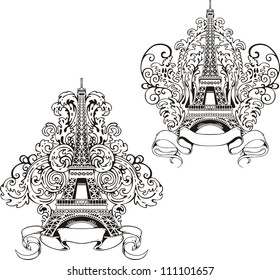 Stylized Eiffel Tower. Set of black and white vector illustrations.