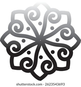 A stylized eight-pointed star icon with swirling, organic elements and small dots. Elegant, luxurious and decorative design. 