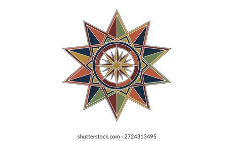 Uma estrela estilizada de oito pontas que se assemelha a uma rosa bússola, apresentando padrões geométricos e uma paleta de cores quentes de vermelho, ouro, verde e marinha.