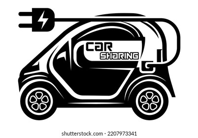 Stylized electric car with power plug. The theme of ecological transport. Vector monochrome illustration. Editable template for design.