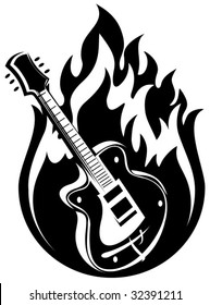 Stylized electric guitar and fire on a white background.
