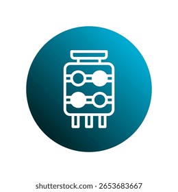 Ilustração de componente eletrônico estilizado dentro de um círculo azul gradiente com uma estética de design limpo e moderno