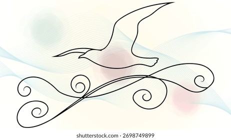Línea continua elegante estilizada que dibuja un pájaro marino que se eleva con remolinos abstractos en olas