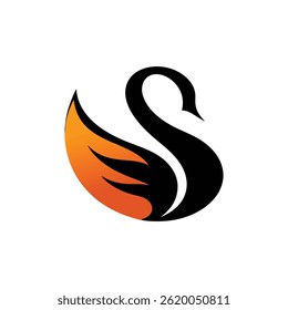 Um logotipo estilizado e elegante representando um cisne preto com uma asa em tons quentes de laranja e amarelo.