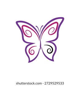 Un diseño de logotipo estilizado y elegante con una mariposa. Las alas de la mariposa están delineadas en un color púrpura profundo, con intrincados patrones de remolinos en tonos de rosa y magenta en el interior. El cuerpo de la mariposa está representado por una línea simple y curva, y una antena tiene un Pequeño detalle de remolino negro. El fondo es blanco liso, lo que hace que el colorido diseño de la mariposa se destaque.