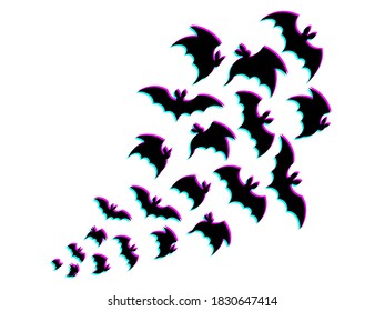 Stylized element for design. A flock of black bats is flying. Illustration for Occult, Ritual, Black Magic and Witchcraft. Decor for Halloween. Vector isolated