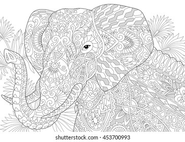 Stylized elephant among leaves of palm tree.
Freehand sketch for adult anti stress coloring book page with doodle and zentangle elements.