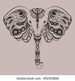 Stylized elephant head, Indian Animal. Ornamental doodles. Line art. hand drawn linear tangled illustration. Tattoo tribal design
