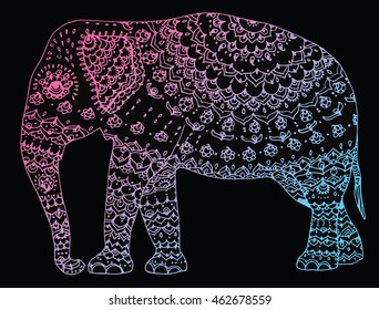 Stylized elephant. Indian elephant. Animal. Ornamental. Line art. Black and white drawing by hand. Tattoo. Doodle.