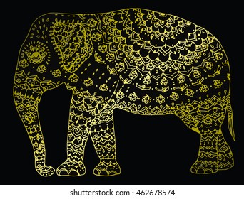 Stylized elephant. Indian elephant. Animal. Ornamental. Line art. Black and white drawing by hand. Tattoo. Doodle.