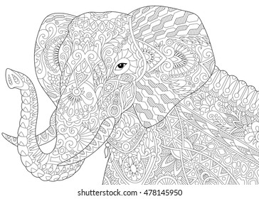 Stilvoller Elefant einzeln auf weißem Hintergrund. Freehand-Skizze für erwachsene Anti-Stress-Farbbuchseite mit Doodle- und Zentangle-Elementen.