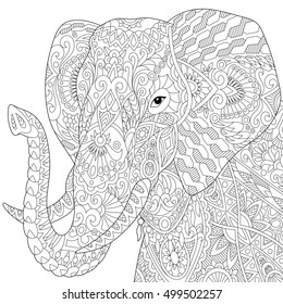 Stylized elephant, isolated on white background. Freehand sketch for adult anti stress coloring book page with doodle and zentangle elements.