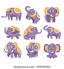 Stylized Elephant With Polka-Dotted Pattern Series Of Childish Stickers Or Prints Of Friendly Toy Animal In Violet And Yellow Color